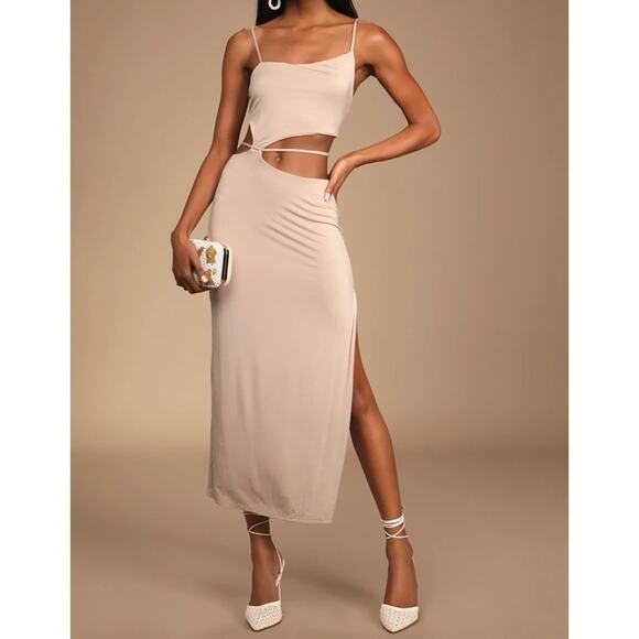 NWT Lulus Hot Take Taupe Asymmetrical Cutout Midi Dress - Picture 1 of 10